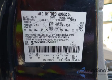 2011 Ford Escape Xlt z USA, uszkodzony, nr VIN 1FMCU9D76BKA93901